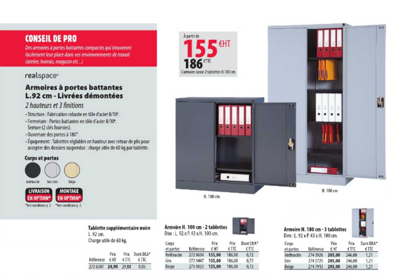 armoires à portes battantes l.92 cm livrées démontées