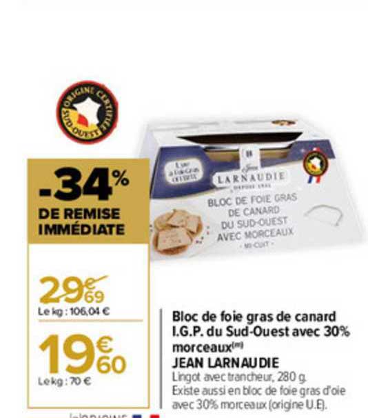 bloc de foie gras de canard i.g.p. du sud-ouest avec 30% morceaux jean larnaudie