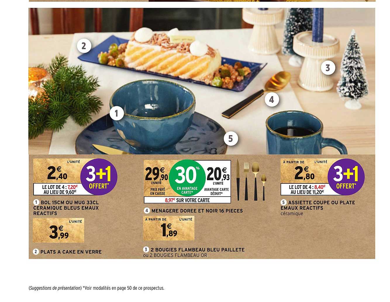 bol 15 cm ou mug 33 cl céramique bleus, plats à cake en verre, ménagère dorée et noir 16 pièces, 2 bougies, assiette coupe ou plate