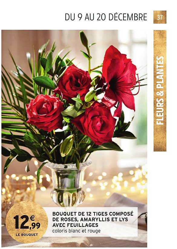 bouquet de 12 tiges composé de roses, amaryllis et lys avec feuillages