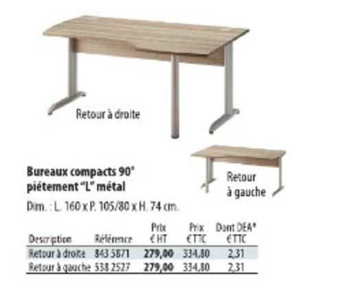 bureaux compacts 90° piétement "l" métal