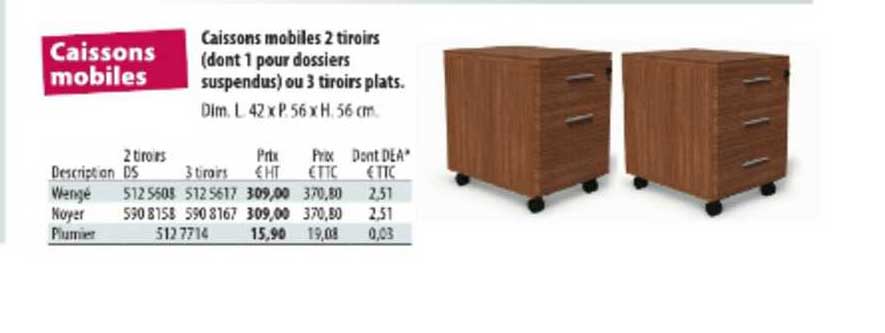 caissons mobiles 2 tiroirs (dont 1 pour dossiers suspendus) ou 3 tiroirs plats