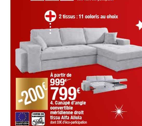 Canapé D'angle Convertible Méridienne Droit Tissu Alfa Allola