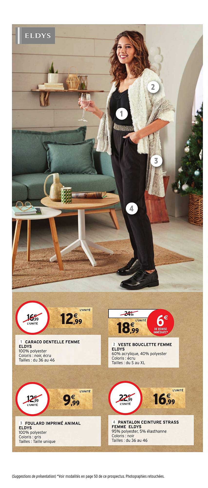 caraco dentelle femme eldys, foulard imprimé animal eldys, veste bouclette femme eldys, pantalon ceinture strass femme eldys