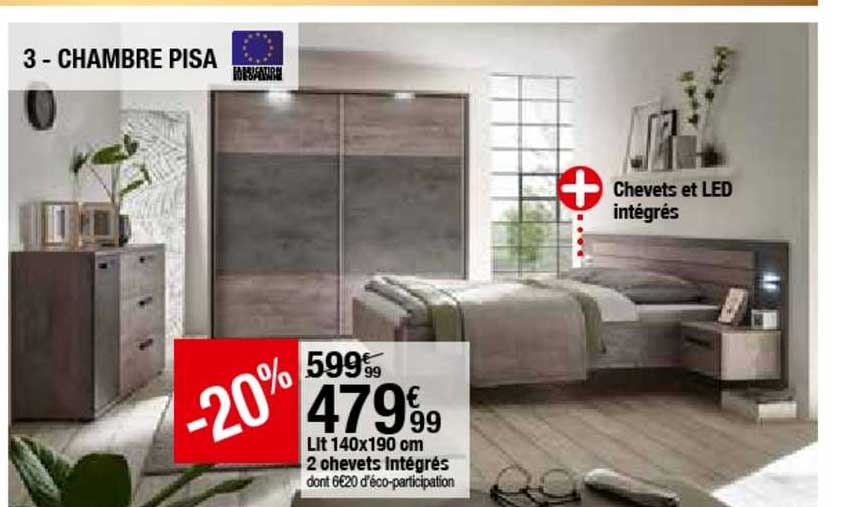 chambre pisa : lit 140x190 cm 2 chevets intégrés