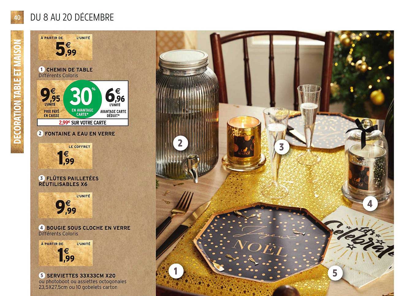 chemin de table, fontaine à eau en verre, flûtes pailletées réutilisables x6, bougie sous cloche en verre, serviettes