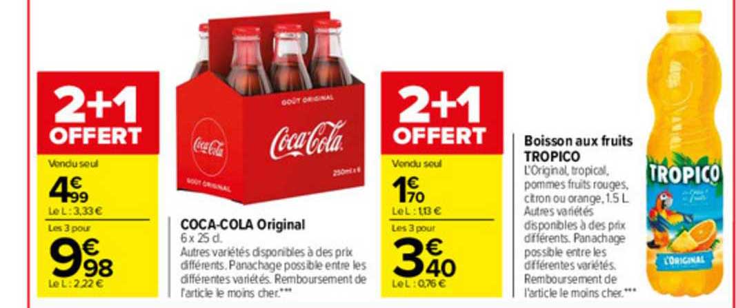 coca-cola original, boisson aux fruits tropico