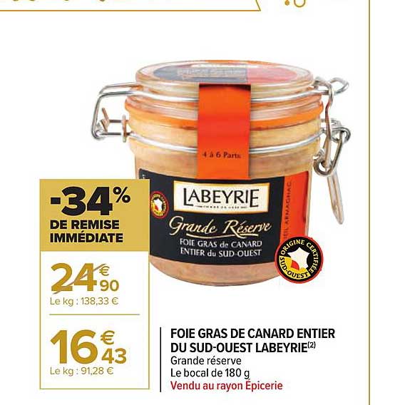 foie gras de canard entier du sud ouest labeyrie -34% de remise immédiate
