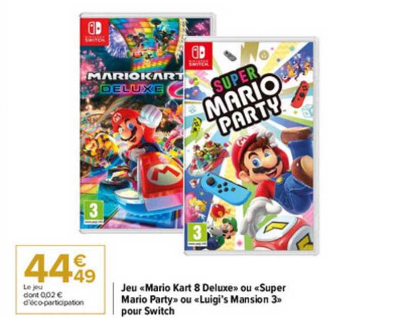 jeu «mario kart 8 deluxe» ou «super mario party» ou «luigi's mansion 3» pour switch