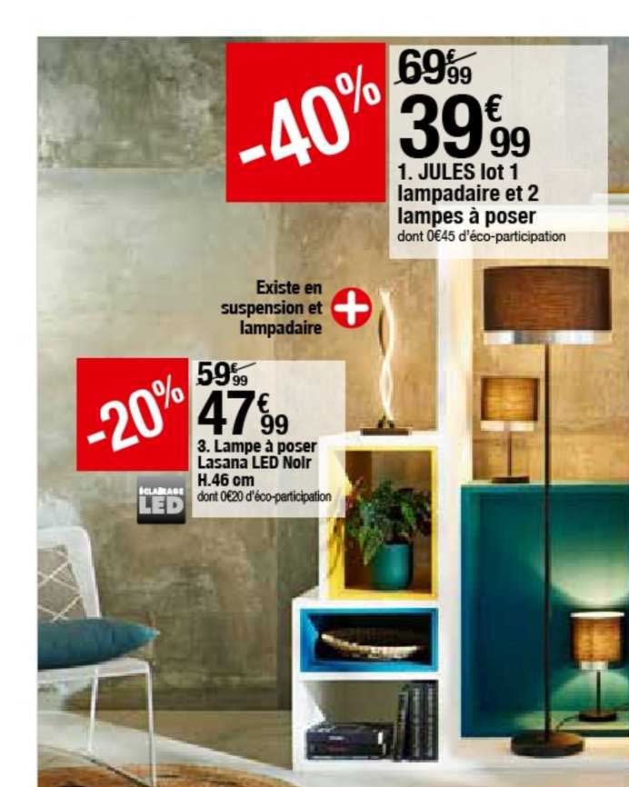 jules lot 1 lampadaire et 2 lampes à poser, lampe à poser lasana led noir h. 46 cm