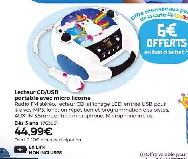 lecteur cd usb portable avec micro licorne