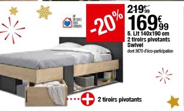 lit 140x190 cm 2 tiroirs pivotants swivel