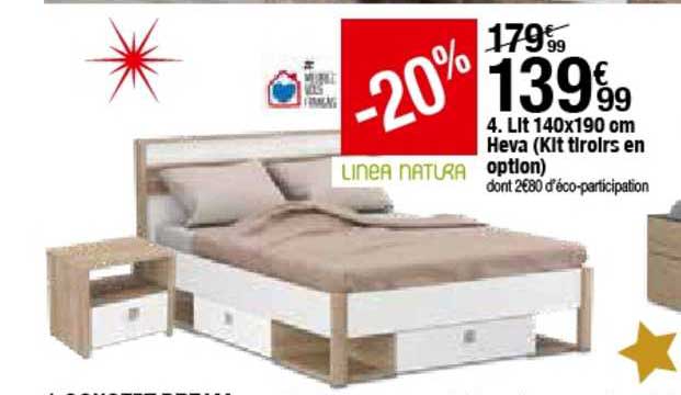 lit 140x190 cm heva (kit tiroirs en option)
