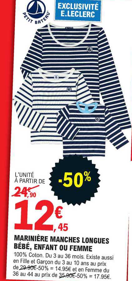 marinière manches longues bébé, enfant ou femme