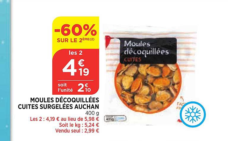 Moules Décoquillées Cuites Surgelées Auchan 60% Sur Le 2ème