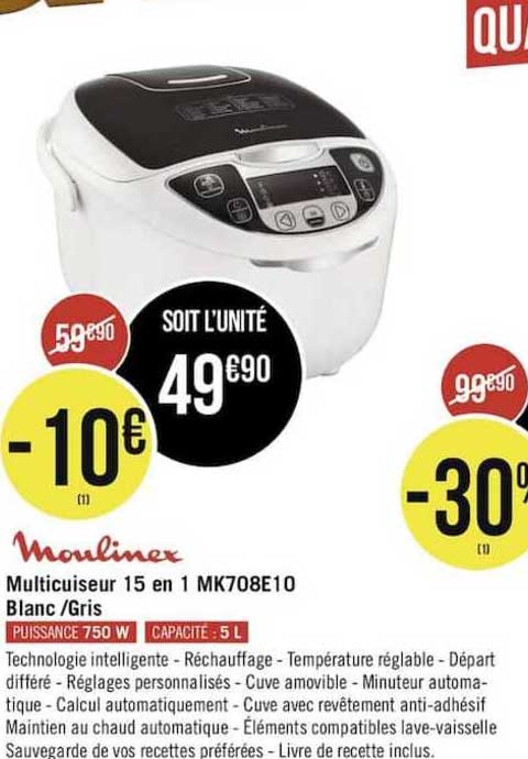 multicuiseur 15 en 1 mk708e10 blanc-gris moulinex