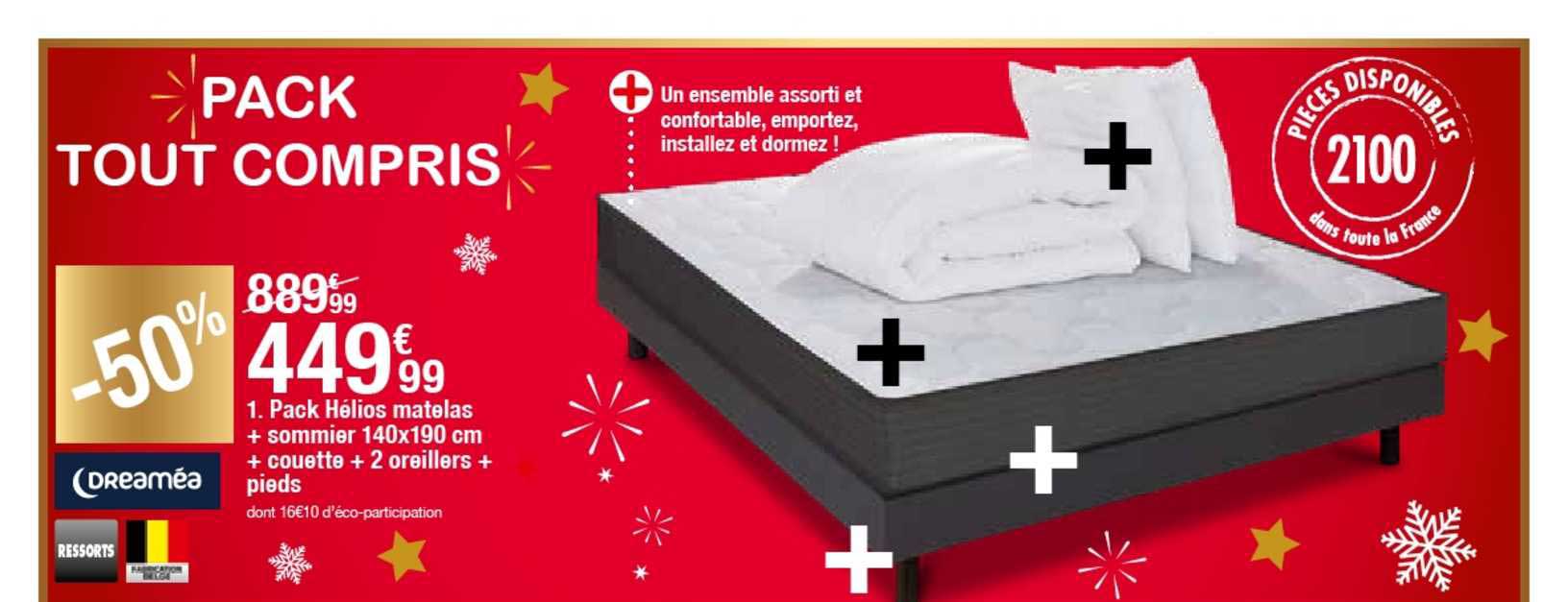 pack hélios matelas + sommier 140x190 cm + couette + 2 oreillers + pieds