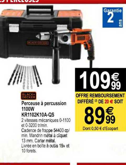 perceuse à percussion 1100w kr1102k10a-qs black & decker
