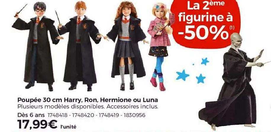 poupée 30 cm harry, ron hermione ou luna la 2ème figurine à -50%