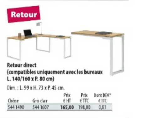 retour direct (compatibles uniquement avec les bureaux l. 140 160 x p 80cm)