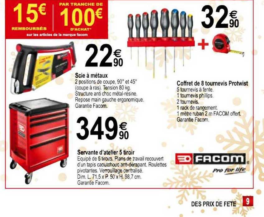 scie à métaux, servante d'atelier 5 tiroir, coffret de 8 tournevis protwist facom