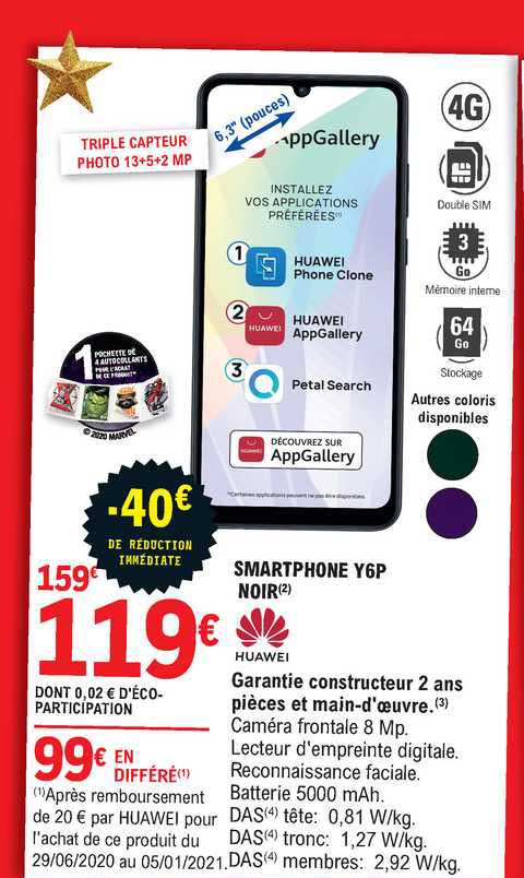 smartphone y6p noir huawei