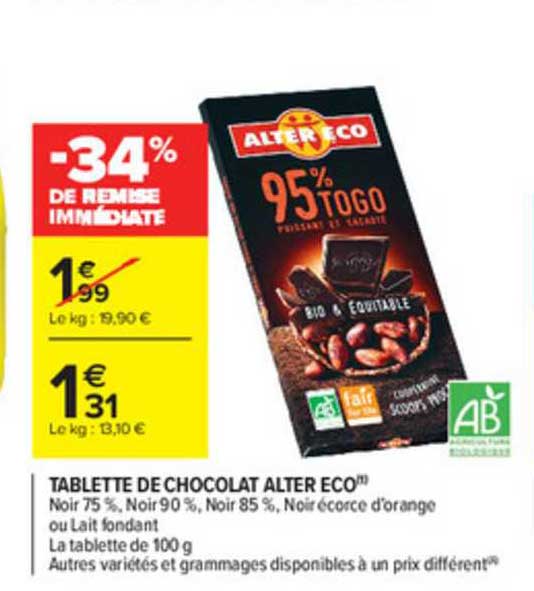 tablette de chocolat alter eco -34% de remise immédiate