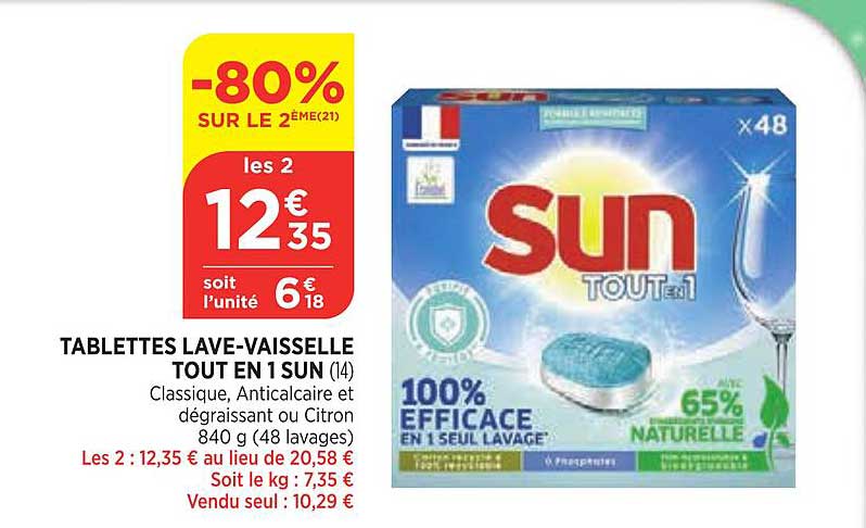 tablettes lave vaisselle tout en 1 sun -80% sur le 2ème