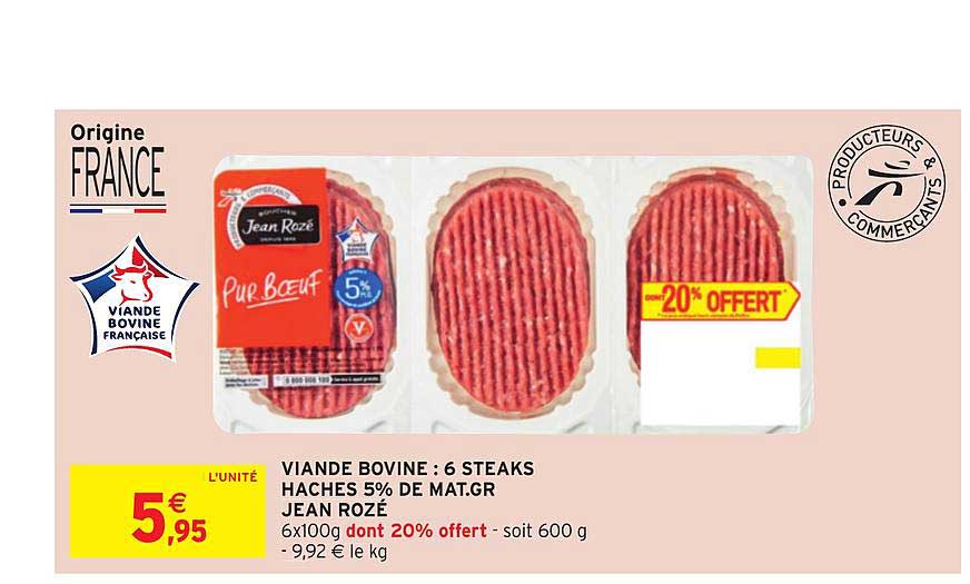 viande bovine : 6 steaks hachés 5% de mat.gr jean rozé