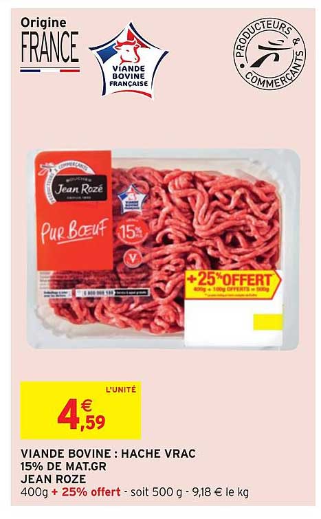 viande bovine : haché vrac 15% mat. gr jean rozé