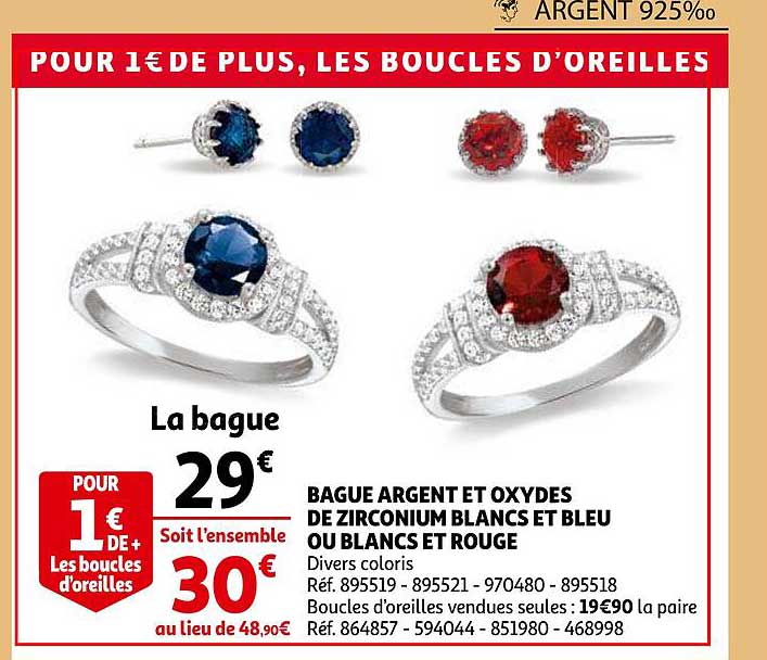 bague argent et oxydes de zirconium blancs et bleu ou blancs et rouge