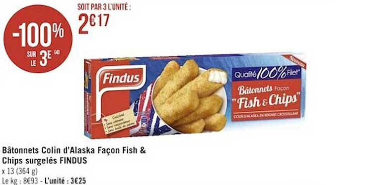 bâtonnets colin d'alaska façon fish & chips surgelés findus