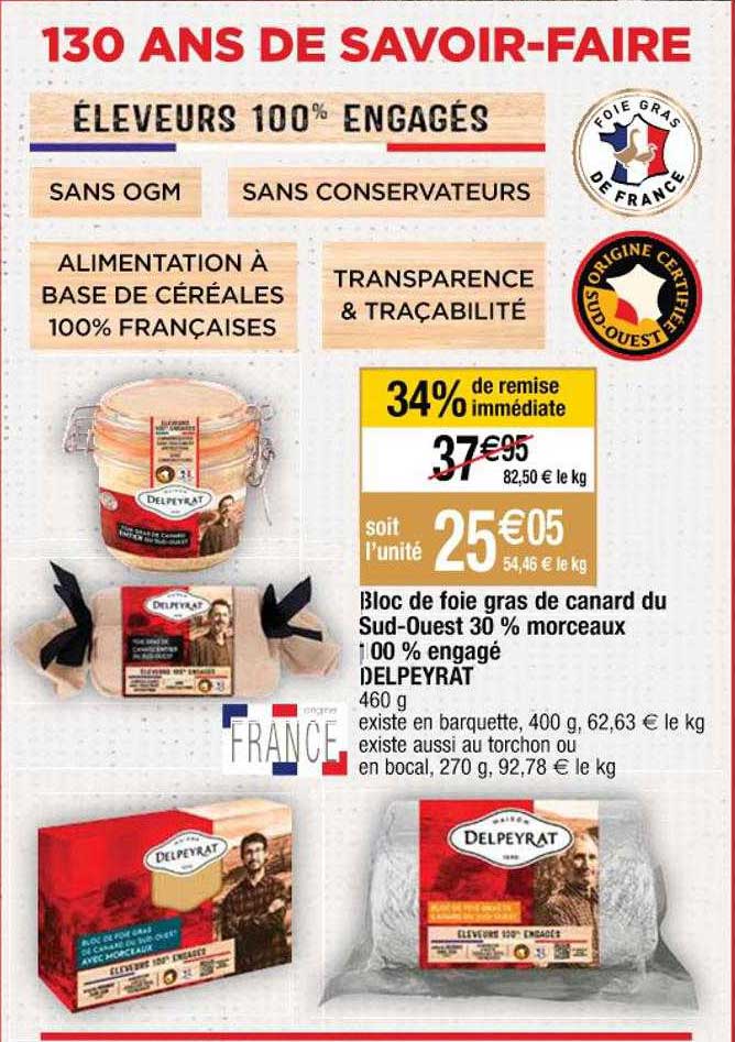 bloc de foie gras de canard du sud-ouest 30% morceaux 100% engagé delpeyrat