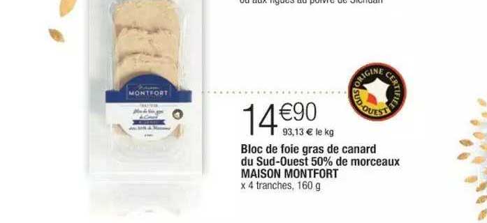 bloc de foie gras de canard du sud-ouest 50% de morceaux maison montfort