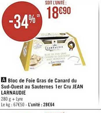 bloc de foie gras de canard du sud-ouest au sauternes 1er cru jean larnaudie