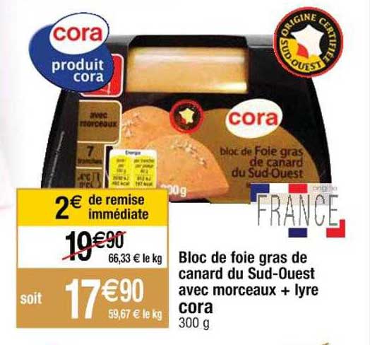 bloc de foie gras de canard du sud-ouest avec morceaux + lyre cora
