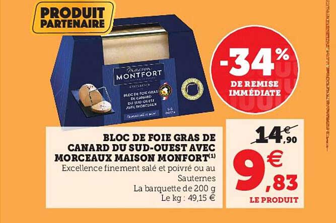 bloc de foie gras de canard du sud-ouest avec morceaux maison montfort
