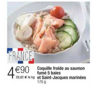 coquille froide au saumon fumé 5 baies et saint-jacques marinées