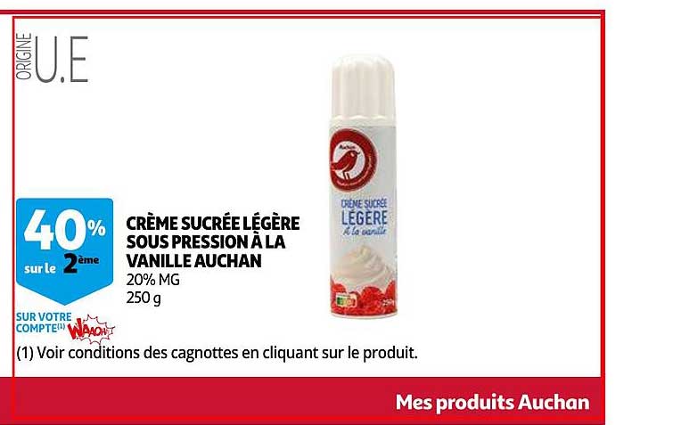 crème sucrée légère sous pression à la vanille auchan
