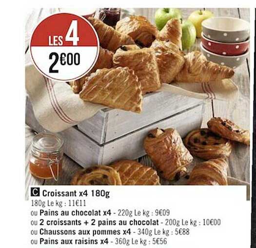Croissant X4 180g Ou Pains Au Chocolat X4, 2 Croissants + 2 Pains Au Chocolat Ou Chaussons Au Pommes X4 Ou Pains Aux Raisins X4