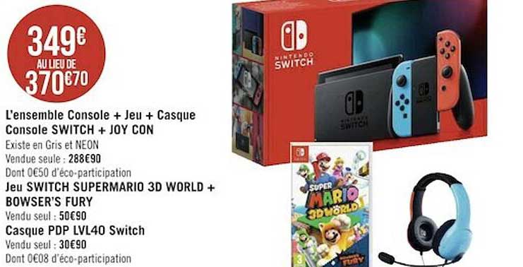 l'ensemble console + jeu + casque console switch + joy con, jeu switch supermario 3d world + bowser's fury, casque pdp lvl40 switch