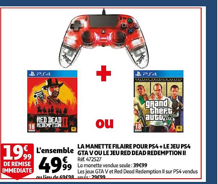 la manette filaire pour ps4 + le jeu ps4 gta v ou le jeu red dead redemption II