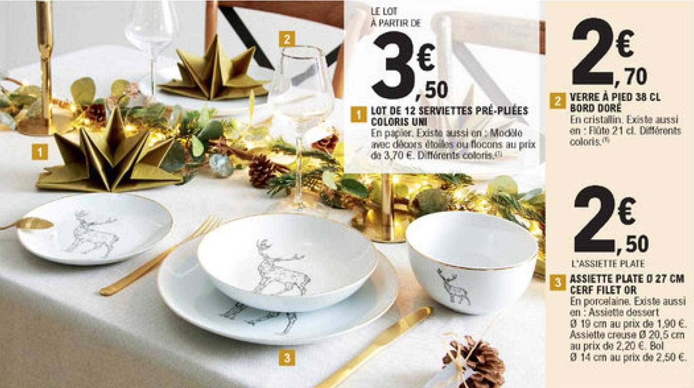 lot de 12 serviettes pré-pliées coloris uni, verre à pied 38 cl bord doré, assiette plate ø 27 cm cerf filet or