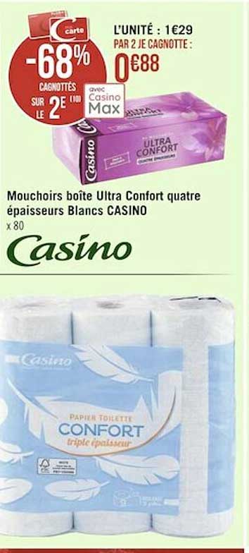 mouchoirs boîte ultra confort quatre épaisseurs blancs casino