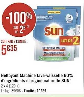 nettoyant machine lave-vaisselle 60% d'ingrédients d'origine naturelle sun