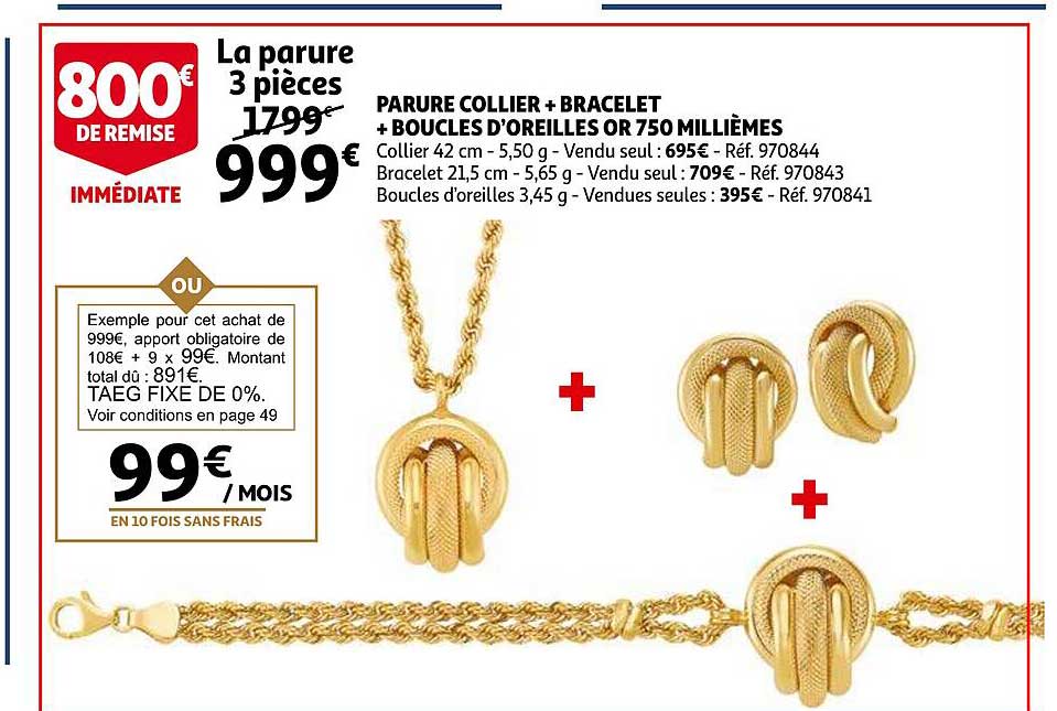 parure collier + bracelet + boucles d'oreilles or 750 millièmes