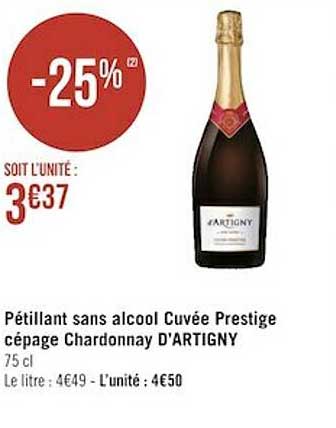 pétillant sans alcool cuvée prestige cépage chardonnay d'artigny