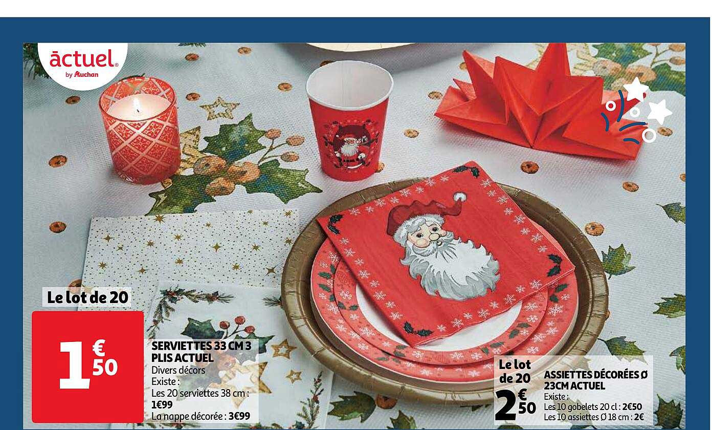 serviettes 33 cm 3 plis actuel, assiettes décorées ø23cm actuel