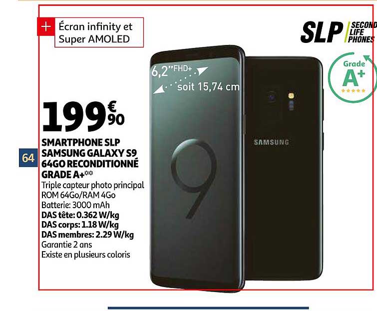 smartphone slp samsung galaxy s9 64go reconditionné grade a+
