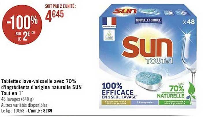 tablettes lave-vaisselle avec 70% d'ingrédients d'origine naturelle sun tout en 1